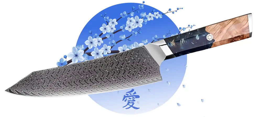 Kiritsuke Chef Légendaire  lame damassée visible sur toute sa longueur, manche octogonal apparent.