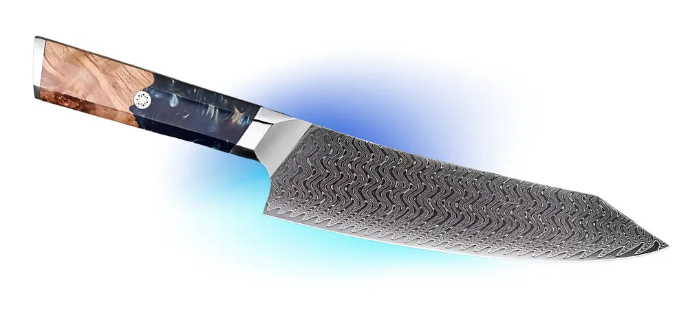 Couteau Kiritsu Lame Légendaire en acier damas et bois stabilisé sur fond clair.
