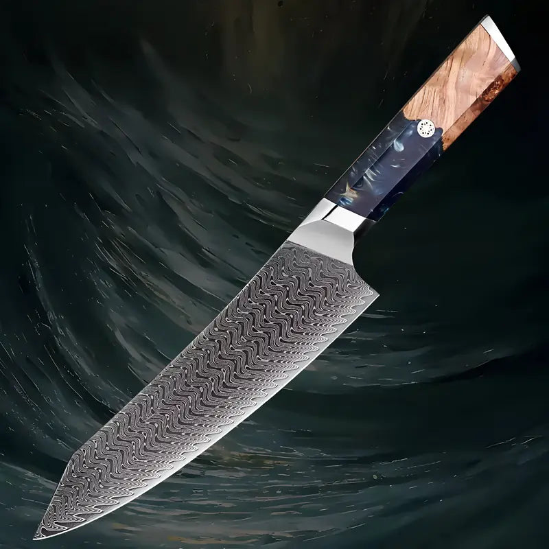 Kiritsuke japonais Chef Légendaire posé sur un fond bleu océan, lame brillante et manche bicolore exposés.