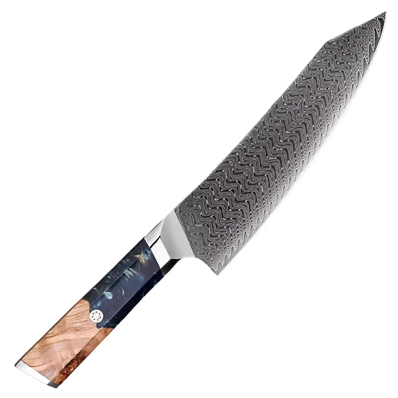 Kiritsuke japonais Chef Légendaire avec lame damassée en acier 67 couches et manche en résine et bois stabilisé.
