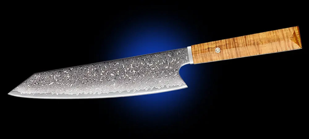 Kiritsuke japonais Chef du Temple avec lame damassée 67 couches et manche droit en bois stabilisé.