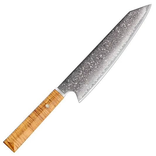 Kiritsuke japonais Chef du Temple avec lame damassée 67 couches et manche en bois clair poli.