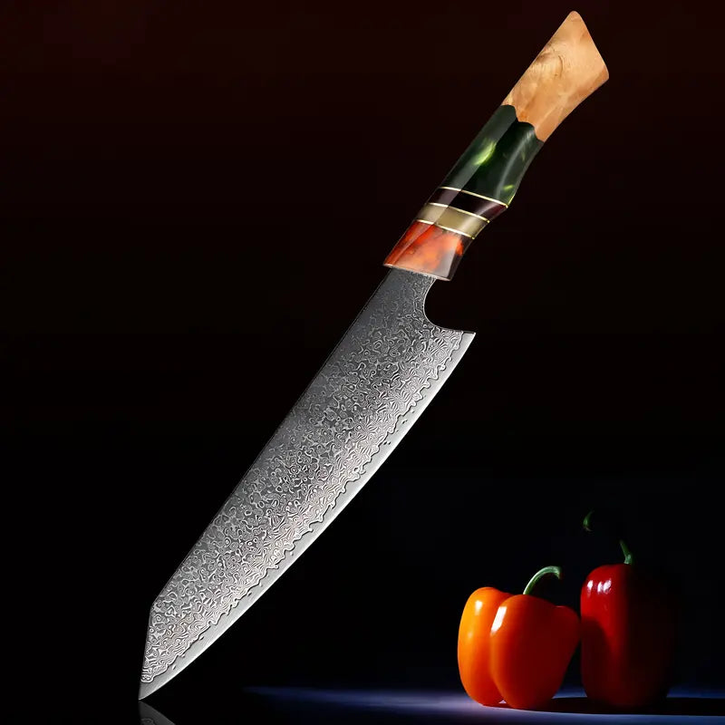 Kiritsuke Chef du Clan exposé sur fond noir avec éclairage latéral, manche contrasté et lame brillante.