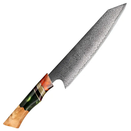 Kiritsuke japonais Chef du Clan avec lame damassée 67 couches et manche en bois stabilisé, résine verte et insert métallique.