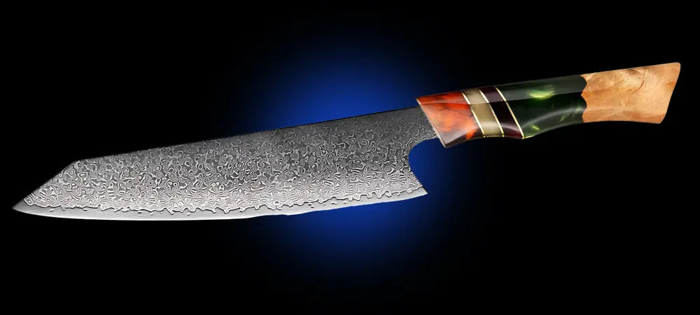 Kiritsuke japonais Chef du Clan avec lame en acier damas 67 couches et manche composite bois clair et résine verte.