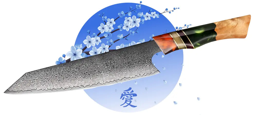 Vue complète du Kiritsuke Chef du Clan, finition damassée et manche décoratif avec bague métallique.