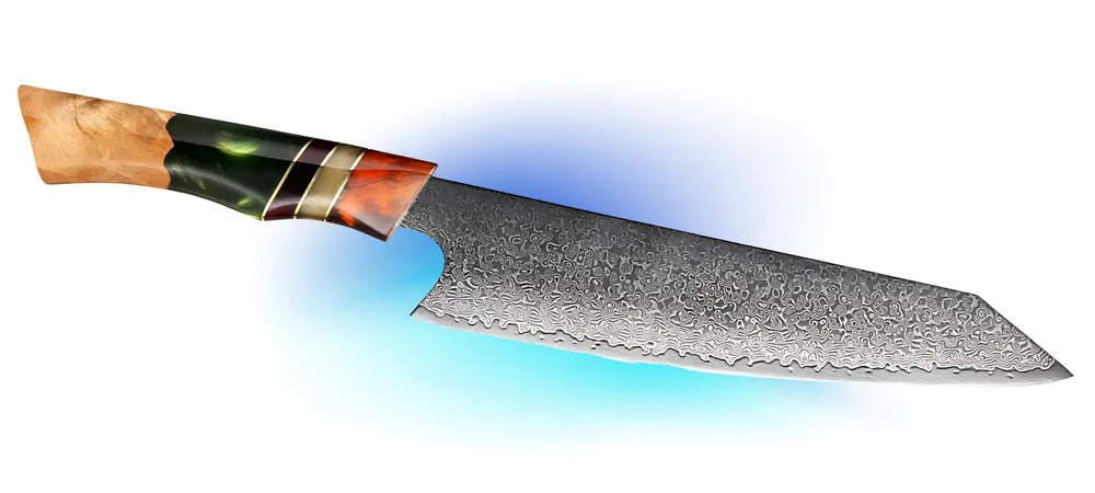 Couteau Chef du Clan au profil Kiritsuke, lame droite et allongée avec manche tricolore ergonomique.