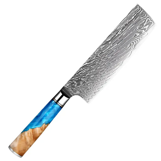 Nakiri nommé Ciel de Nara en acier damas 67 couches avec manche en bois stabilisé et résine bleue.