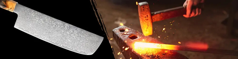 Lame du Nakiri Fleur du Katana forgée en 67 couches d’acier damassé offrant tranchant résistance et motifs uniques à chaque pièce.