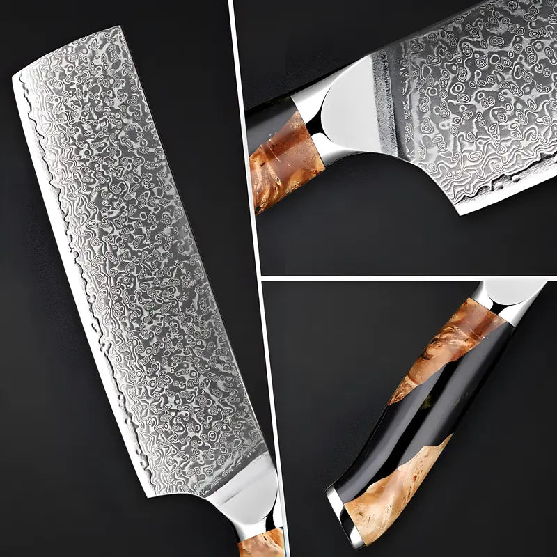 Gros plan sur la lame damas 67 couches et le manche contrasté en bois stabilisé du Nakiri Brume de Matsu.