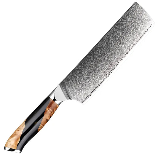 Couteau Nakiri Brume de Matsu en acier damas 67 couches avec manche en bois stabilisé et finition noire brillante.