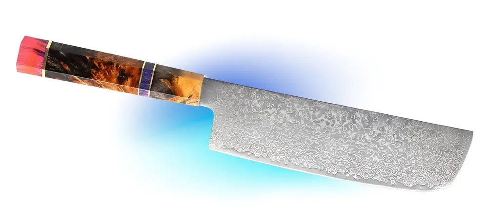 Fleur du Katana un Nakiri dont le manche flamboyant symbolise la maîtrise du geste et l’intensité des saveurs.