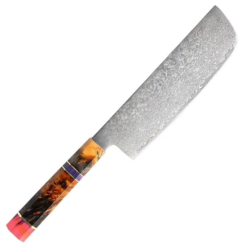 Nakiri Fleur du Katana en acier damas 67 couches avec manche en bois stabilisé et résine rose flamboyante.