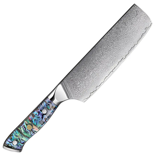 Nakiri Lame Céleste en acier damas 67 couches avec manche nacré aux reflets bleus et verts.