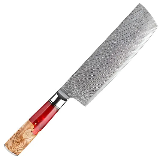Nakiri Flamme de Kyoto en acier damas 67 couches manche en bois stabilisé et résine rouge éclatante.