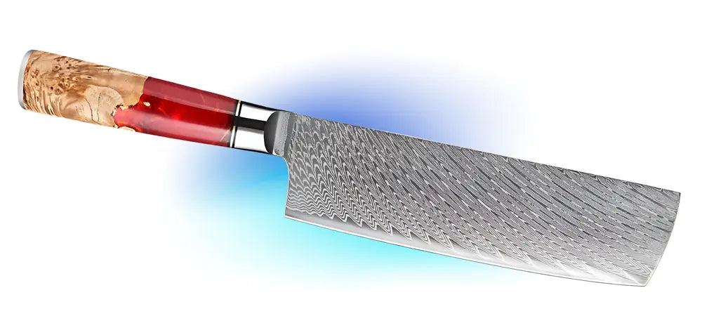 Flamme de Kyoto : un Nakiri où la beauté flamboyante du manche rencontre la rigueur d’une lame japonaise d’exception.