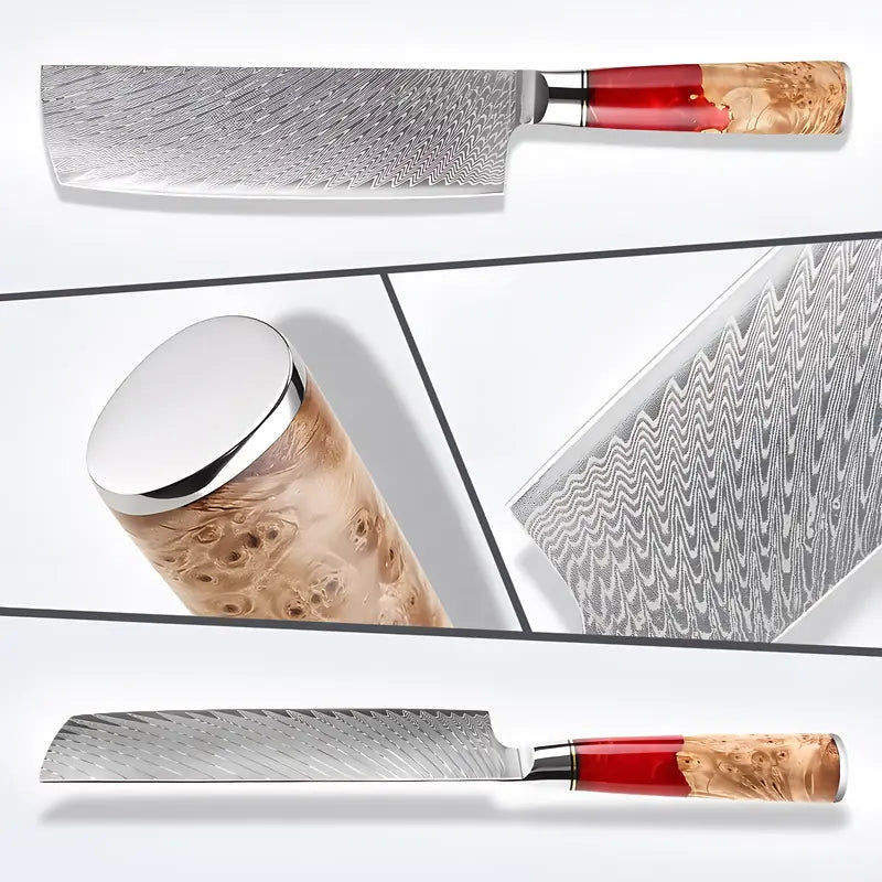 Vue du Nakiri Flamme de Kyoto dans son coffret avec détails de la lame damas 67 couches et du manche en résine rouge feu.