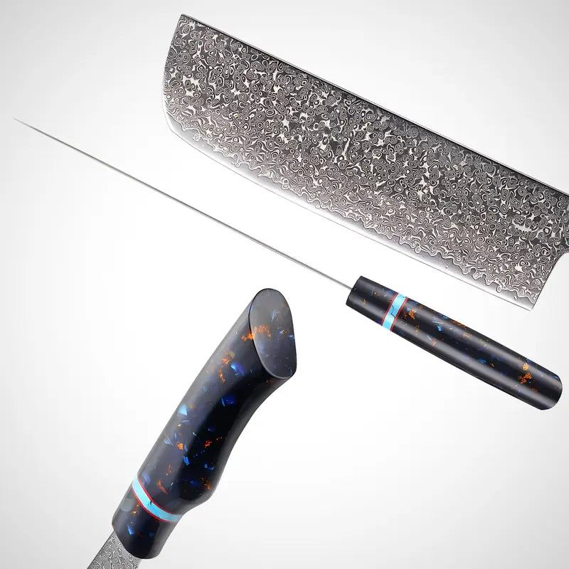 Vue latérale du Nakiri Murmure de Botan lame damas 67 couches et manche ergonomique en résine brillante.