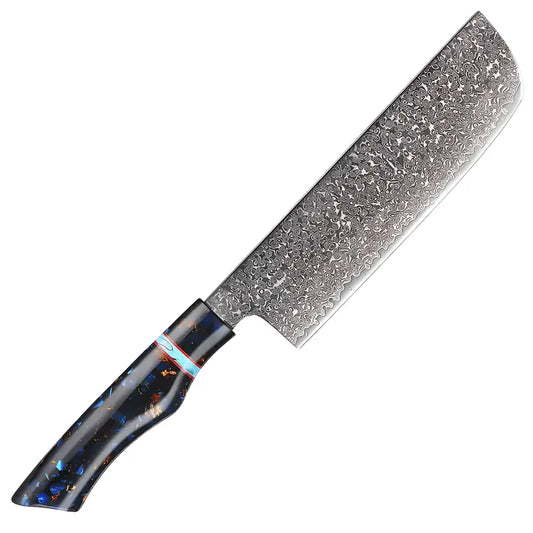 Nakiri Murmure de Botan en acier damas 67 couches avec manche galbé en résine noire constellée.