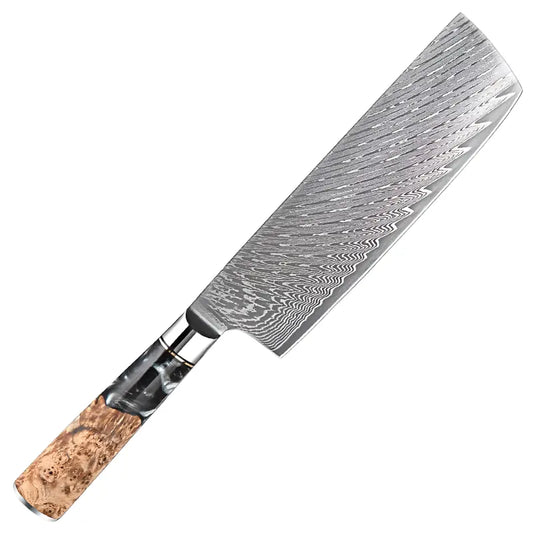 Nakiri Essence de Tsubaki en acier damas 67 couches avec manche en bois stabilisé et finition noire brillante.