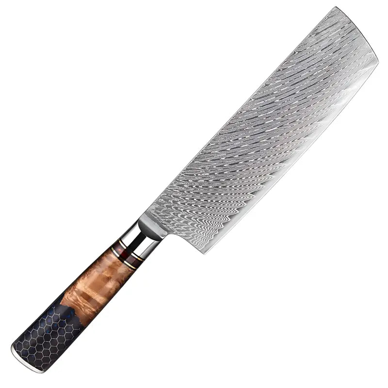 Nakiri Vent de Kaede en acier damas 67 couches avec manche en bois stabilisé et finition résine texturée noire.