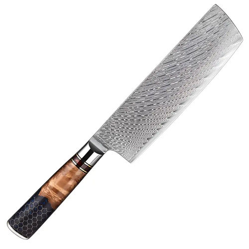 Nakiri Vent de Kaede en acier damas 67 couches avec manche en bois stabilisé et finition résine texturée noire.