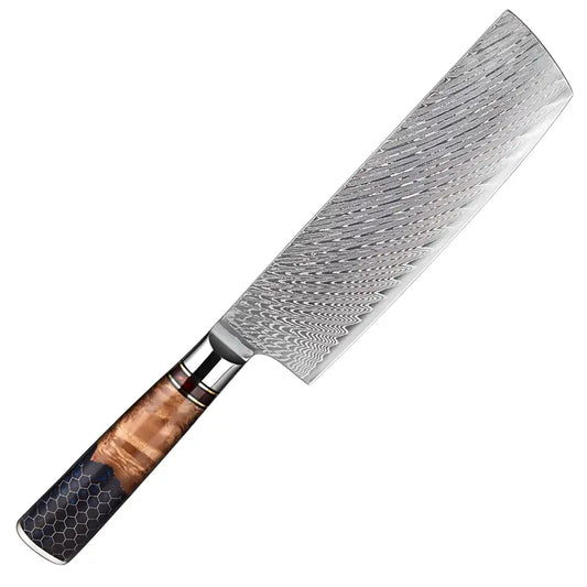 Nakiri Vent de Kaede en acier damas 67 couches avec manche en bois stabilisé et finition résine texturée noire.