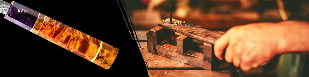 Manche du couteau d’office Fleur du Katana en bois stabilisé flamboyant, pensé pour une prise en main précise et confortable.