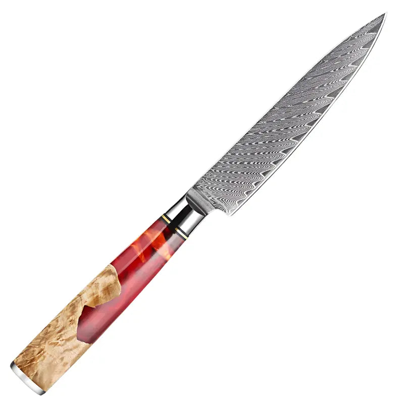 Petty Flamme de Kyoto en acier damas 67 couches manche en bois stabilisé et résine rouge éclatante.