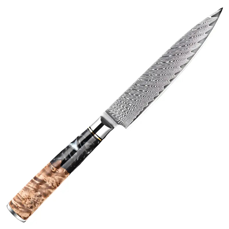 Couteau d’office Lame du Bushido en acier damas 67 couches, avec manche en bois stabilisé et résine noire.