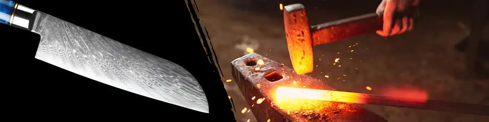 Voie des Astres en acier damas 67 couches forgée selon un savoir-faire artisanal pour une lame unique robuste et esthétique.