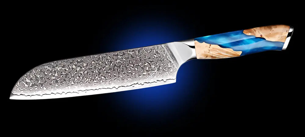 Couteau Santoku Japonais avec un manche en résine bleu et bois stabilisé