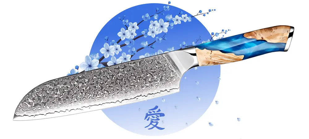 Couteau Santoku Japonais avec manche wa occidental bois et résine bleu
