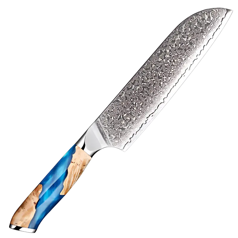 Couteau Santoku en acier damas 67 couches avec manche en bois stabilisé et résine bleu.