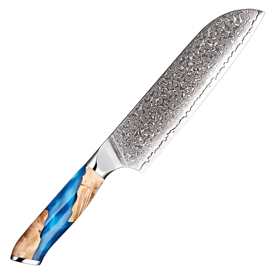 Couteau Santoku en acier damas 67 couches avec manche en bois stabilisé et résine bleu.