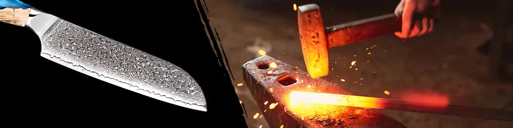 Technique de forge du Couteau Santoku Japonais damas avec manche bleu et bois