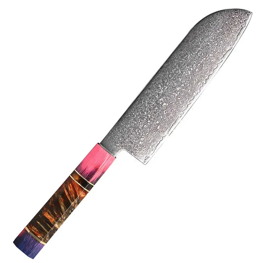 Couteau Santoku en acier damas 67 couches avec manche à soie encastrée en bois stabilisé multicolore.
