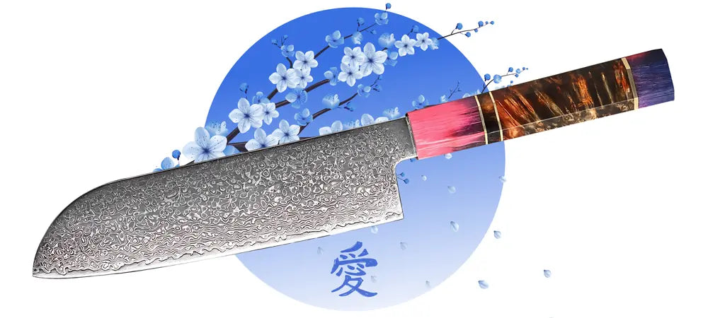 Couteau Santoku Japonais Damas en bois stabilisé avec une lame en acier damas.