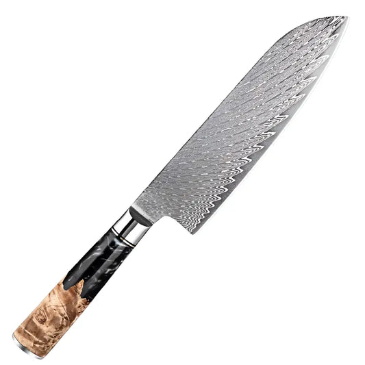 Couteau de chef Santoku en acier damassé 67 couches, avec manche en bois stabilisé clair et noir.