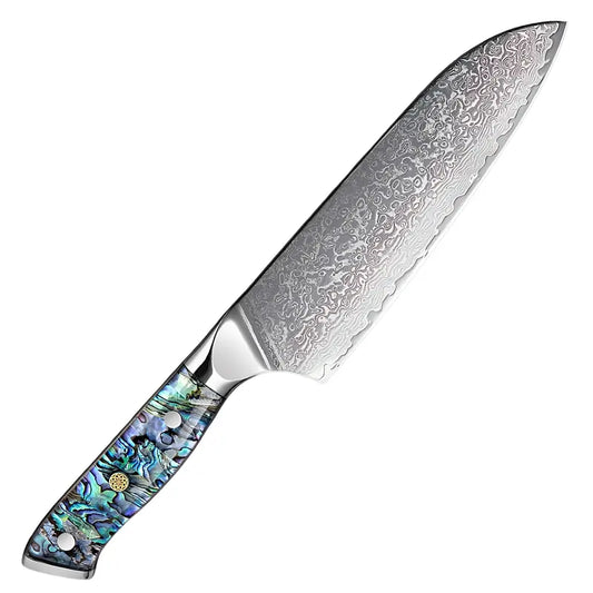 Couteau Santoku Japonais Damas Lame Céleste - Acier damas avec manche en G10 nacrée, vue produit en studio.