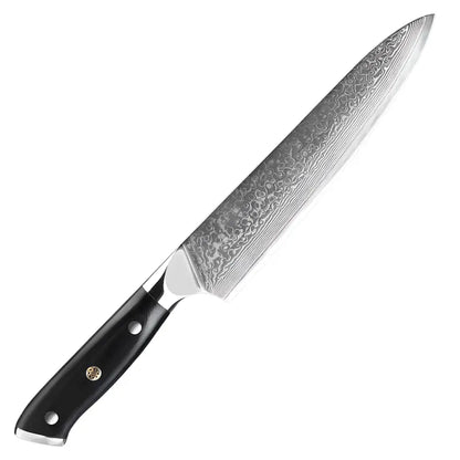 Gyuto japonais Lame du Gardien avec lame en acier damas 67 couches et manche noir riveté en résine G10.