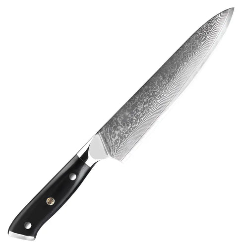 Gyuto japonais Lame du Gardien avec lame en acier damas 67 couches et manche noir riveté en résine G10.