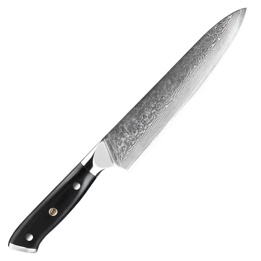 Gyuto japonais Lame du Gardien avec lame en acier damas 67 couches et manche noir riveté en résine G10.