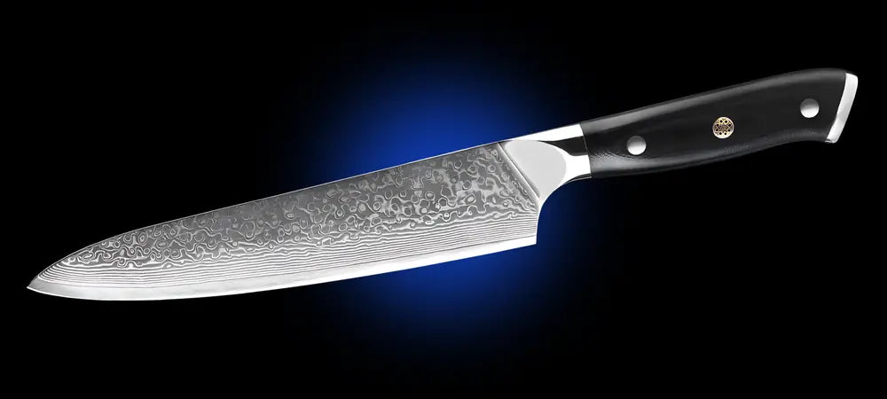 Gyuto japonais Lame du Gardien avec lame damassée 67 couches et manche noir G10 à trois rivets.