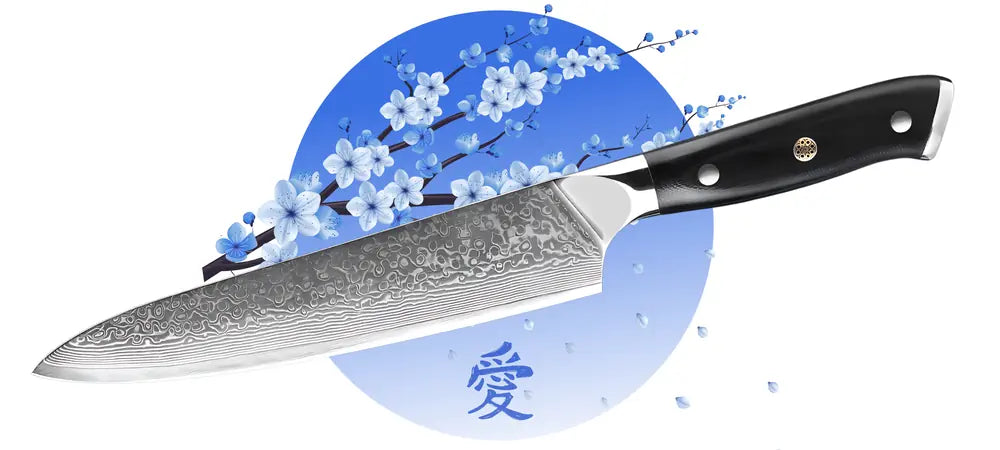 Couteau Gyuto Lame du Gardien, finition acier damassé et manche noir ergonomique pour usage intensif.