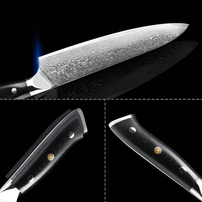 Gyuto japonais Lame du Gardien mis en scène sur fond noir, lame fine et manche noir avec rivets visibles.