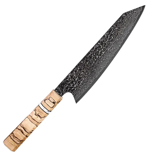 Couteau Kiritsuke japonais Chef de l’Ombre avec lame damas noire 67 couches et manche en bois clair nervuré.