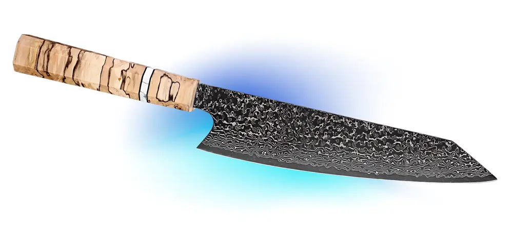 Le couteau Kiritsuke Chef de l’Ombre montrant la longueur de lame et le manche ergonomique.