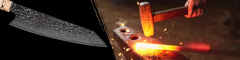 Zoom sur la lame en acier damas 67 couches du Kiritsuke Chef de l’Ombre, texture ondulée visible sur la surface.