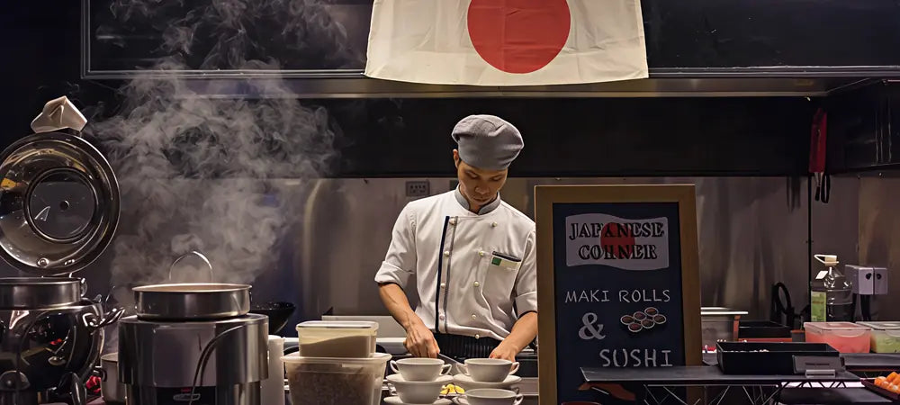 Chef japonais tenant un couteau avec respect, qui découpe avec précision.